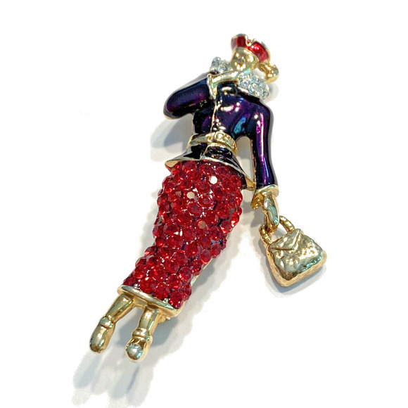 Red Hat Society Lady Brooch Large Goldtone with Purple Enamel Red Rhinestone L-S - Picture 2 of 10